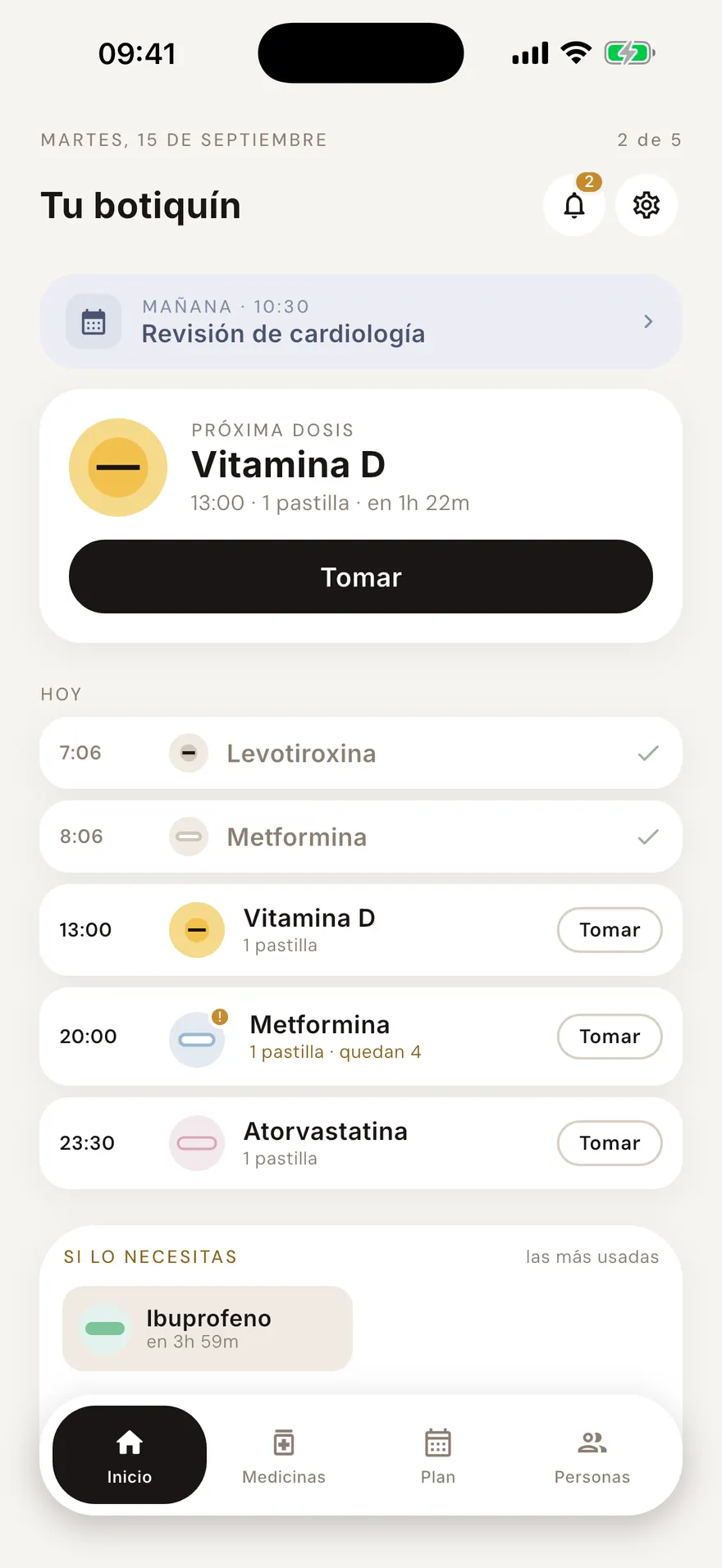 La pantalla de inicio de CareDose, con las tomas de hoy y la siguiente que toca