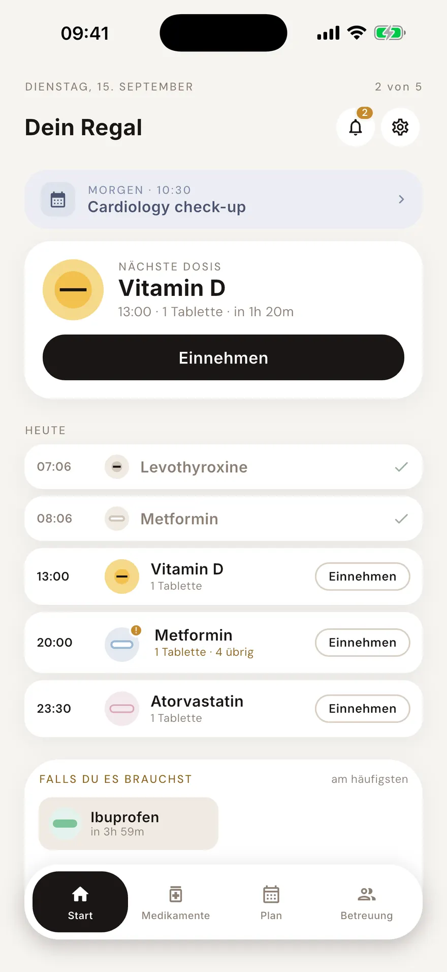 Der CareDose-Startbildschirm mit den heutigen Einnahmen und der nächsten fälligen