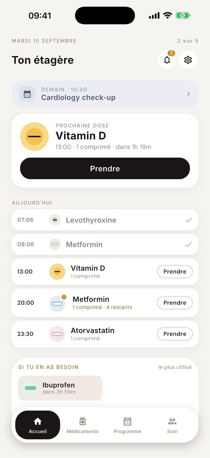 L'écran d'accueil de CareDose, avec les prises du jour et la prochaine à faire