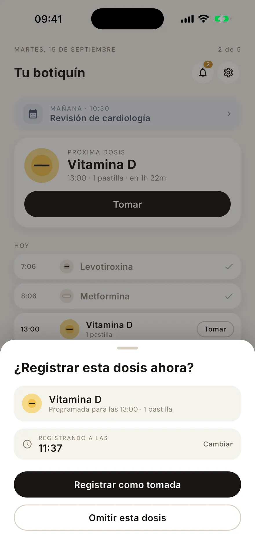 La hoja para registrar una toma, con los botones de tomada, omitida y perdida