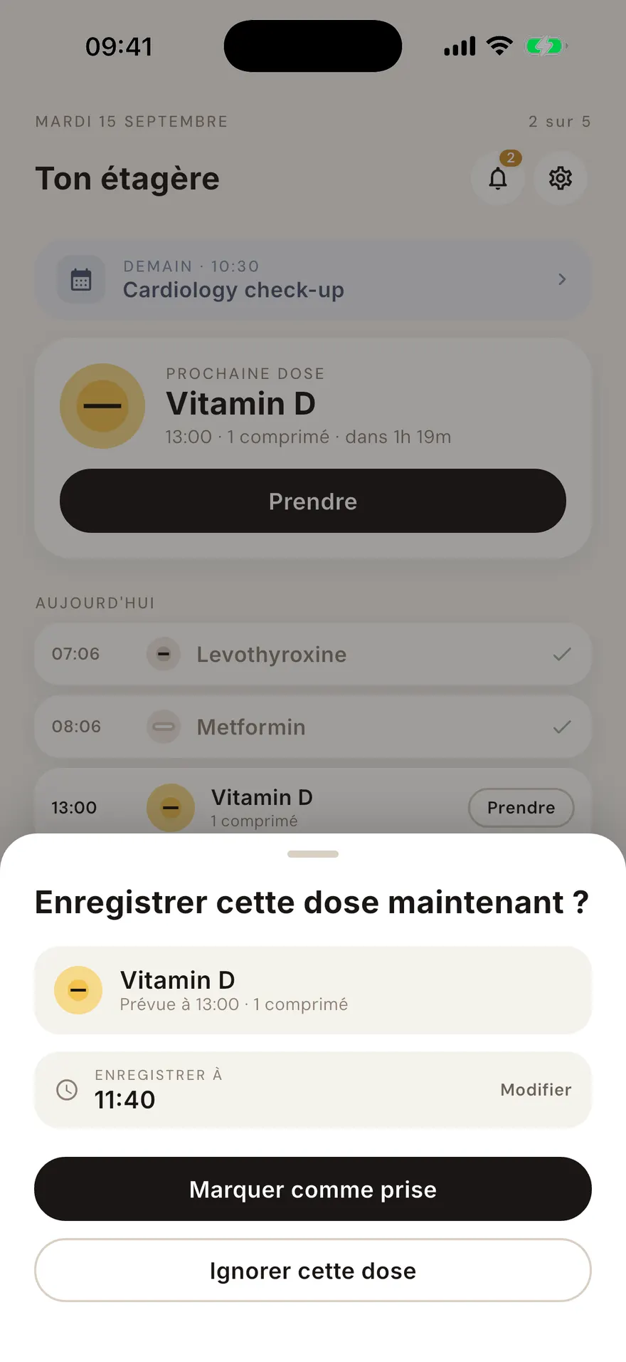 La fiche d'enregistrement d'une prise, avec les boutons prise, ignorée et manquée