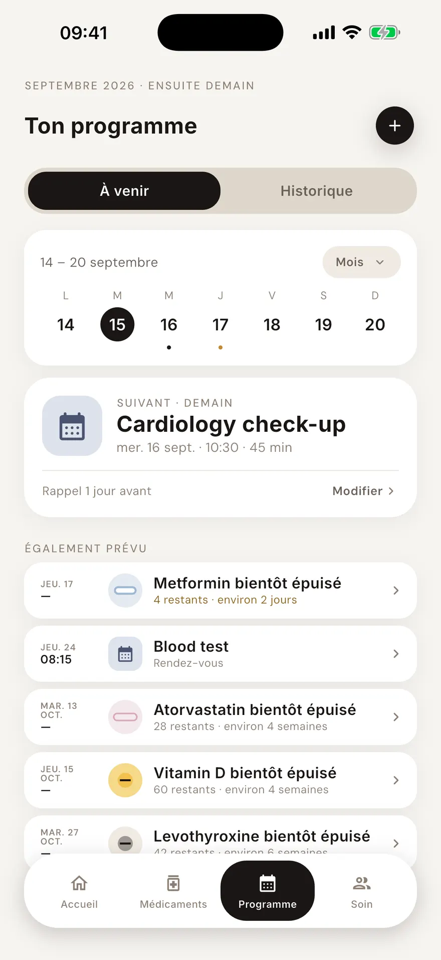 Le calendrier avec un rendez-vous médical à côté des prises du jour