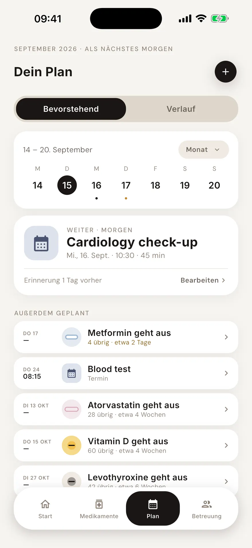Der Kalender mit einem Arzttermin neben den Einnahmen des Tages