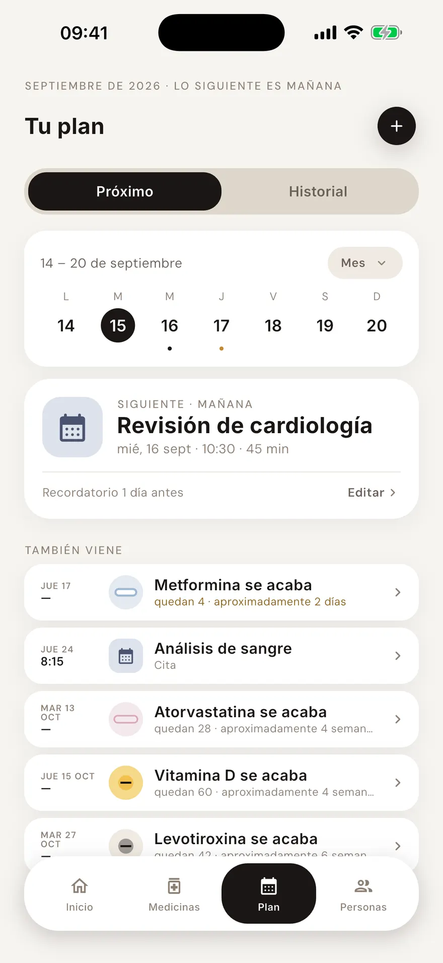 El calendario con una cita médica junto a las tomas del día