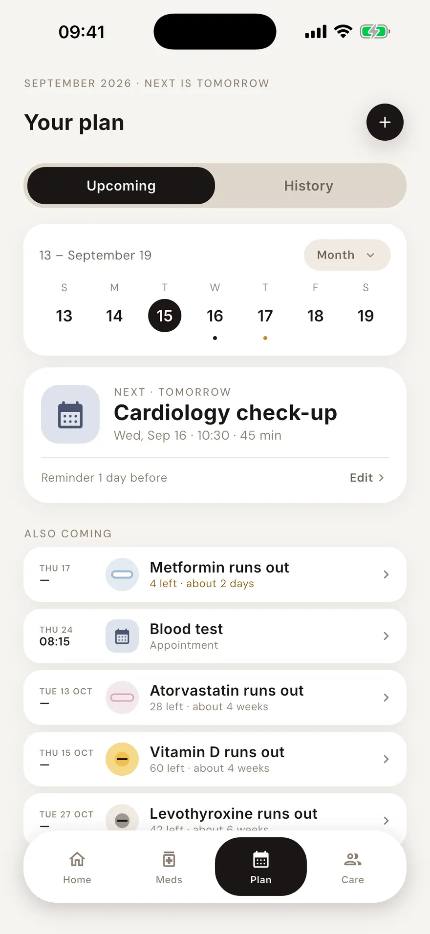 The calendar with a health appointment alongside the day's doses