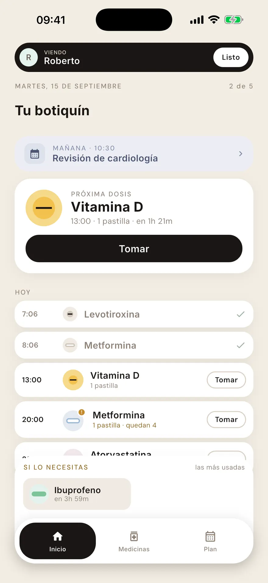 La pantalla de Personas, con un código de invitación para un cuidador