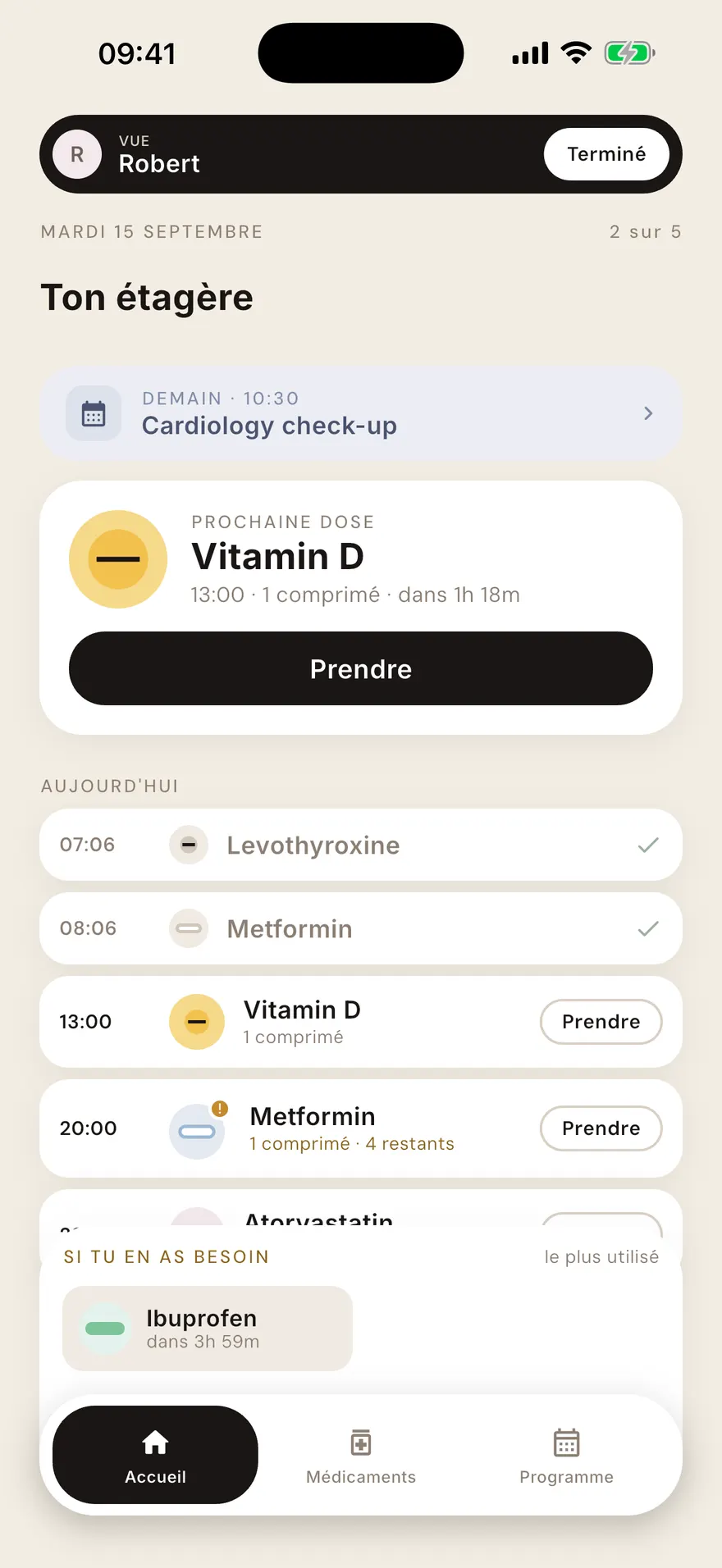 L'écran Soin, avec un code d'invitation pour un proche aidant