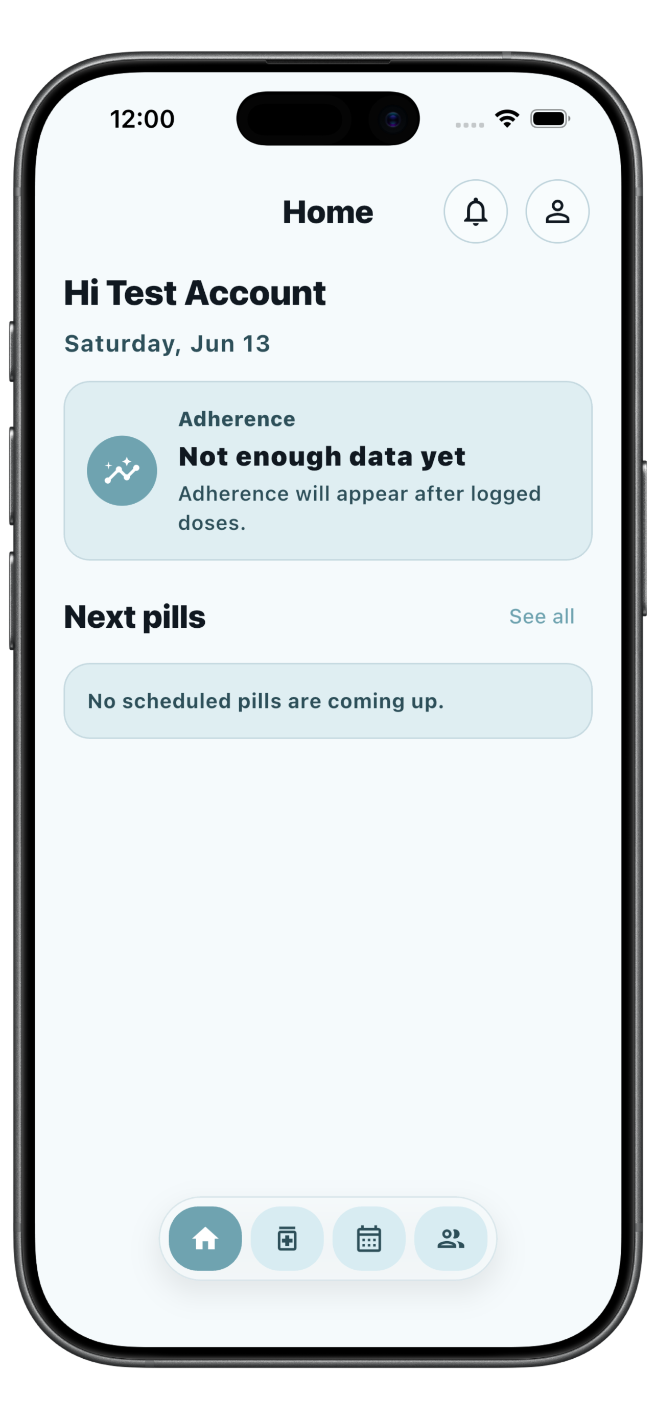 CareDose home screen showing today's doses and adherence